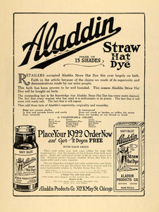 1921 Ad Aladdin Products Straw Hat Dye Fifteen Shades - ORIGINAL DRC1