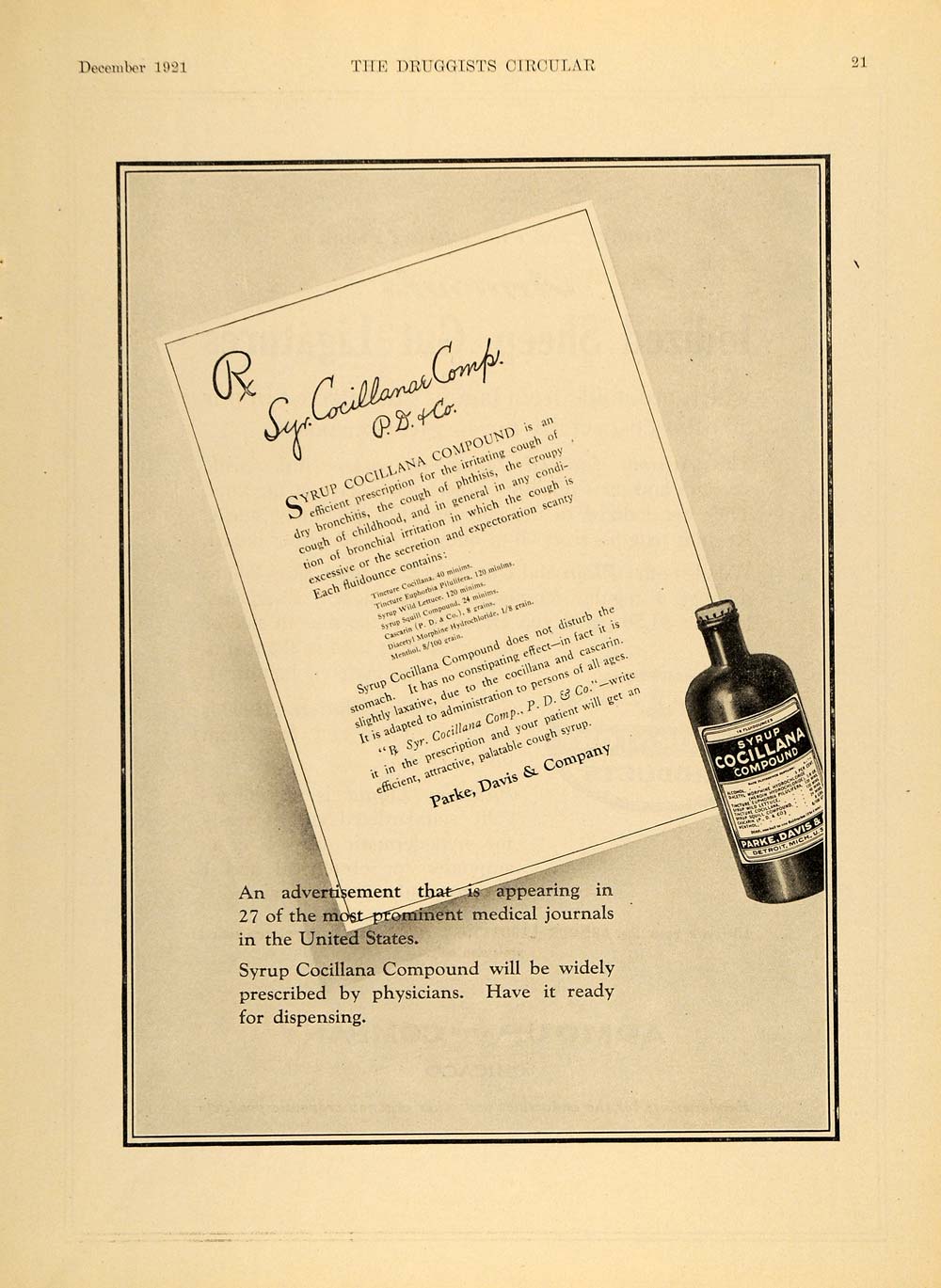 1921 Ad Parke Davis Syrup Cocillana Compound Medicine - ORIGINAL DRC1