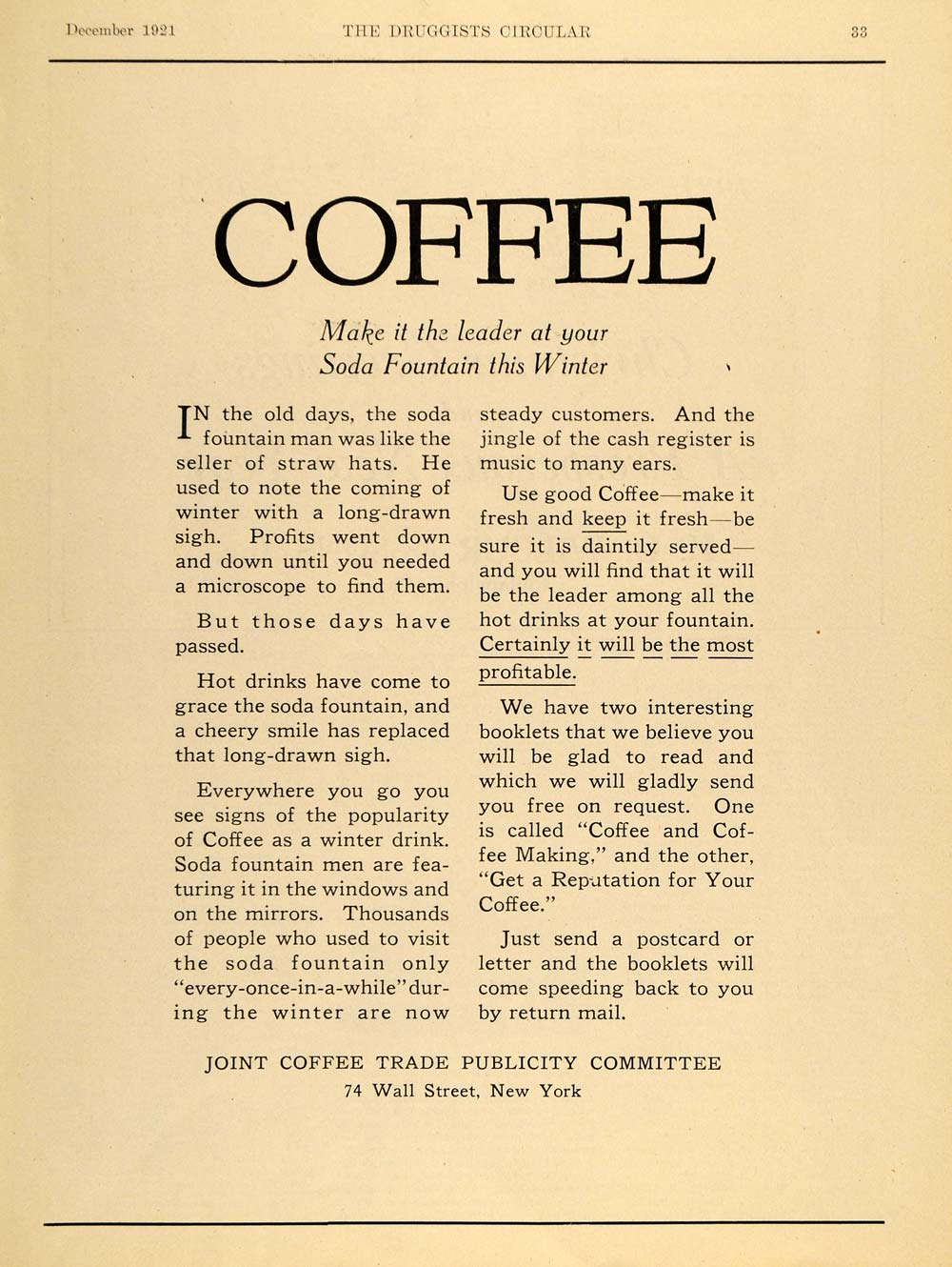 1921 Ad Joint Coffee Committee Soda Parlor Hot Drinks - ORIGINAL DRC1