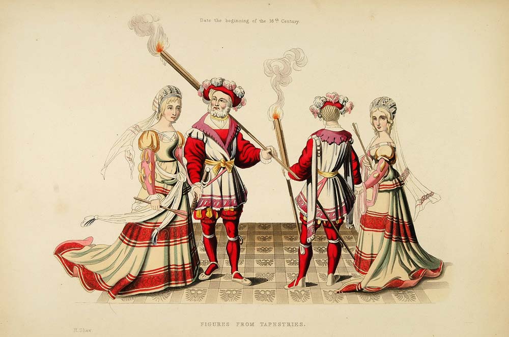 1858 Lithograph Medieval Tapestry Man Woman Costume - ORIGINAL DRD1