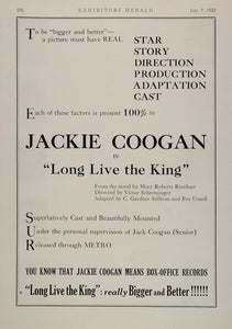 1923 Print Movie Ad Long Live the King Jackie Coogan - ORIGINAL ADVERTISING EH1