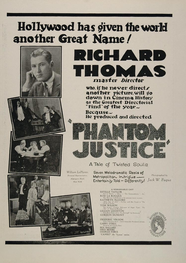 1923 Ad Richard Thomas Phantom Justice Silent Film - ORIGINAL ADVERTISING EH1
