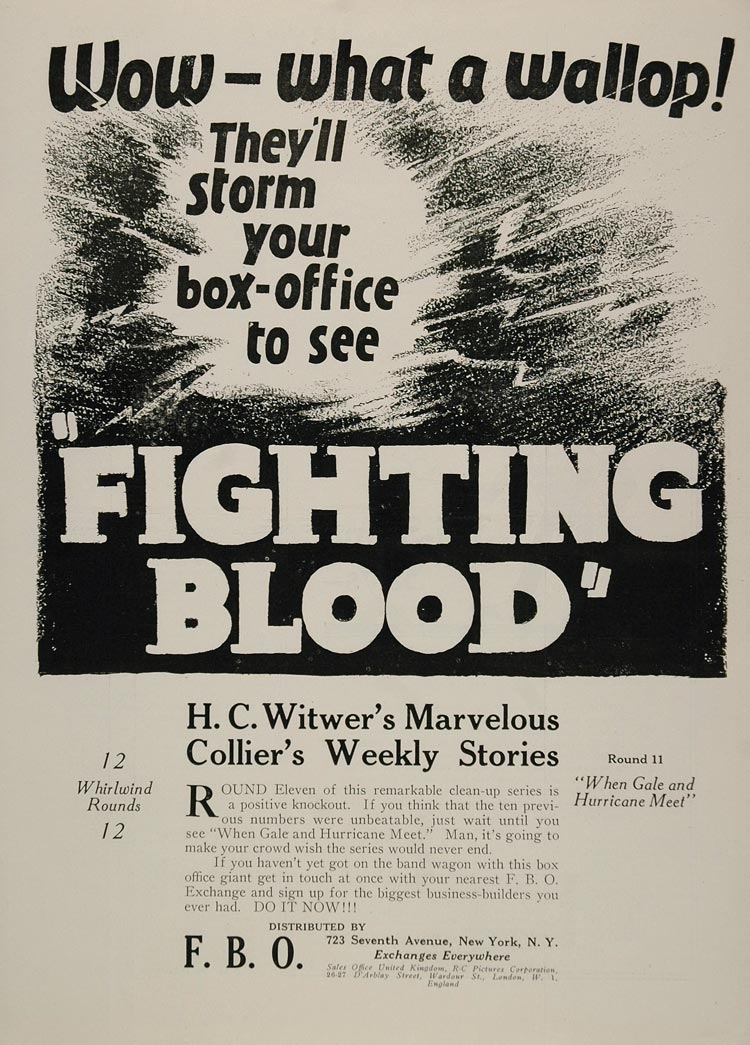 1923 Ad Fighting Blood Silent Film Series H. C. Witwer - ORIGINAL EH1