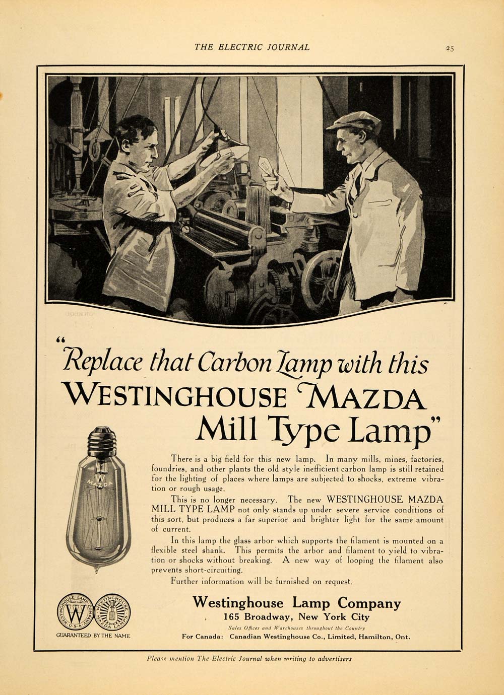 1919 Ad Westinghouse Lamp Co Mazda Mill Type Lamp Bulb - ORIGINAL EJ1