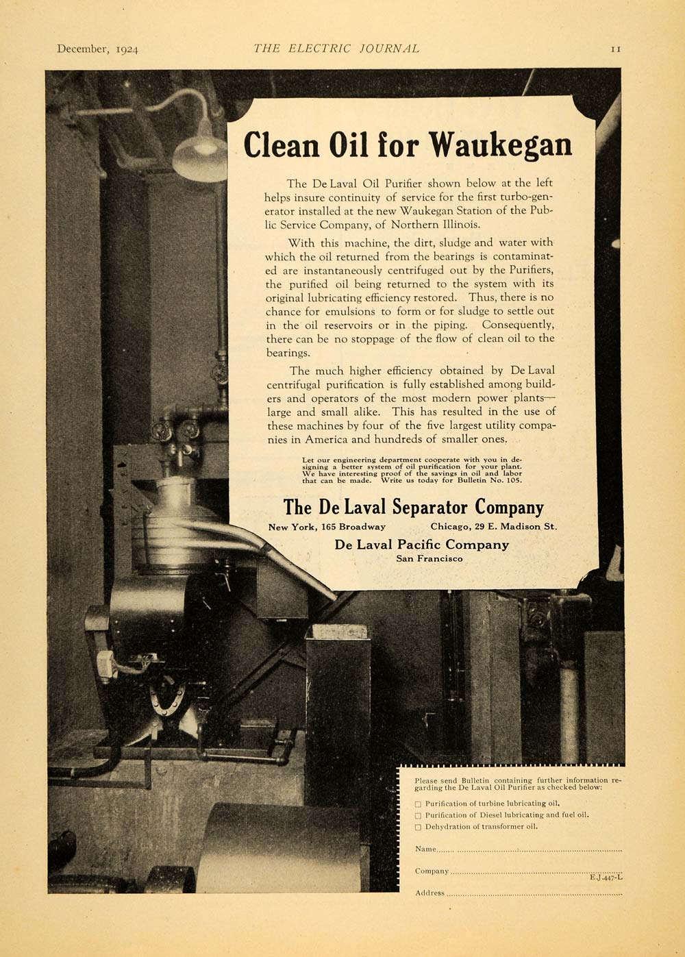 1924 Ad De Laval Separator Oil Purifier Public Service - ORIGINAL EJ1