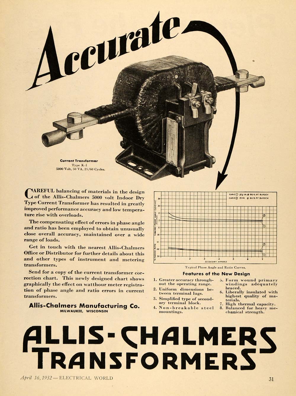 1932 Ad Allis Chalmers Mfg Co Transformers Milwaukee WI - ORIGINAL ELC1