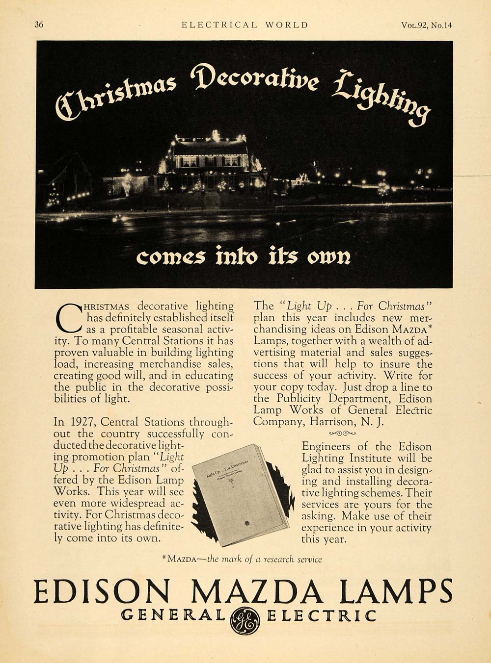 1928 Ad General Electric Co Edison Mazda Lamp Christmas - ORIGINAL ELC1