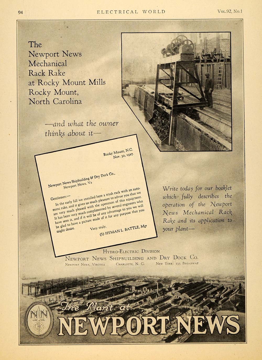 1928 Ad Newport News Shipbuilding & Dry Dock Co. - ORIGINAL ADVERTISING ELC1