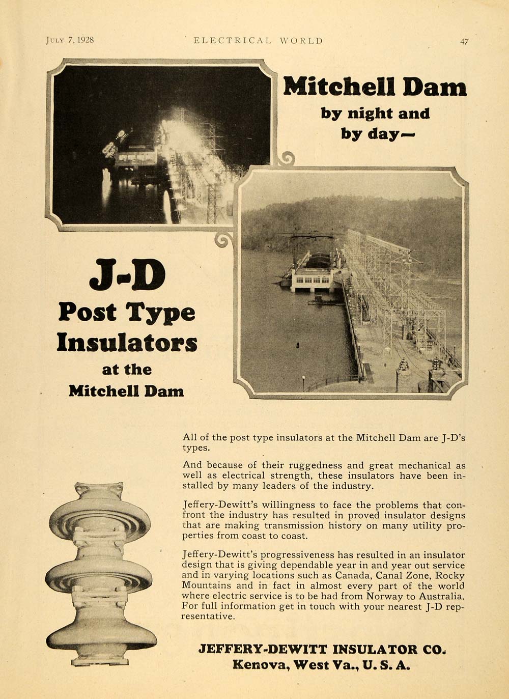 1928 Ad Jeffery-Dewitt InsulatorJ-D Post Mitchell Dam - ORIGINAL ELC1