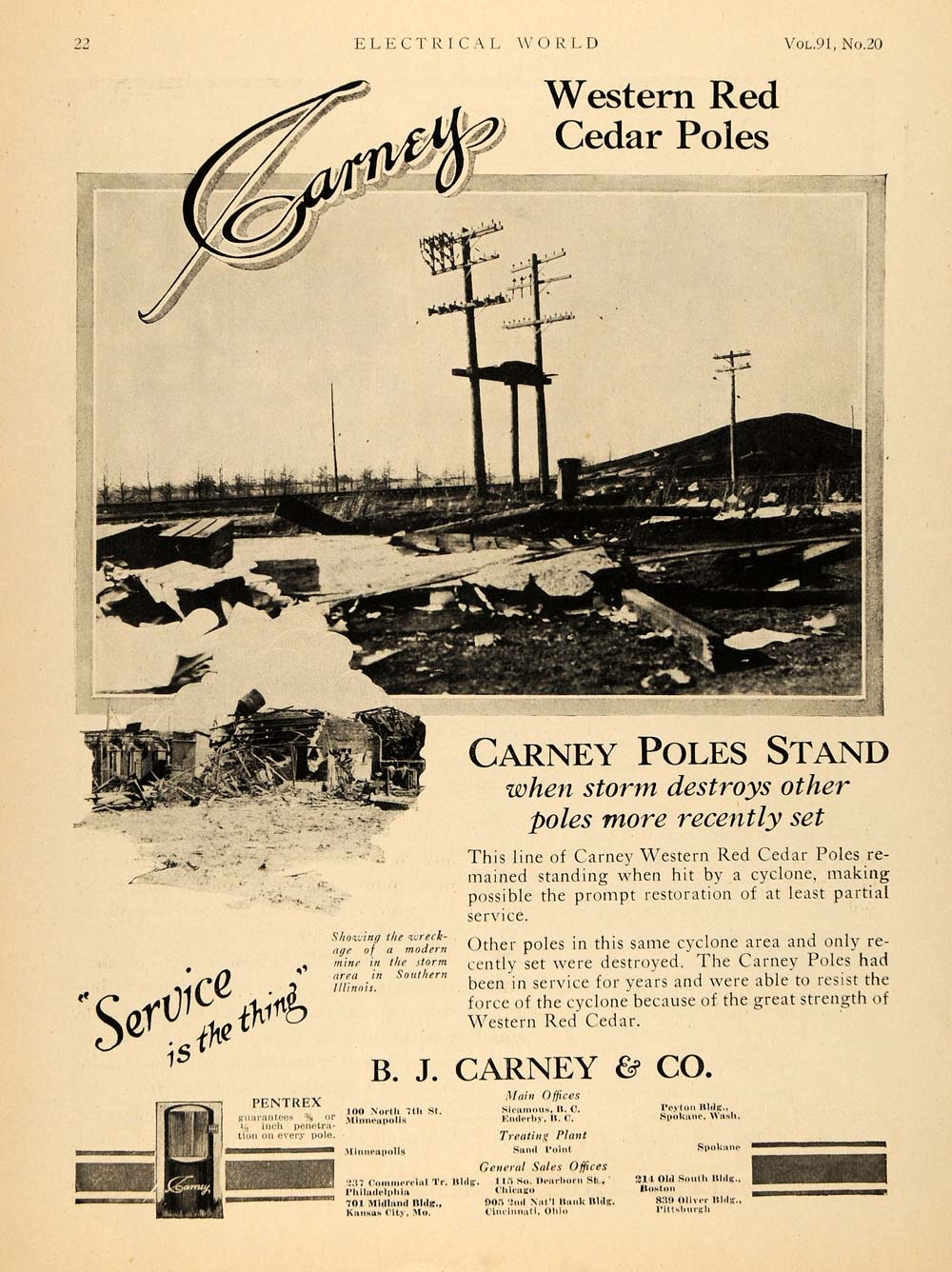 1928 Ad B J Carney & Co. Western Red Cedar Poles Stand - ORIGINAL ELC1