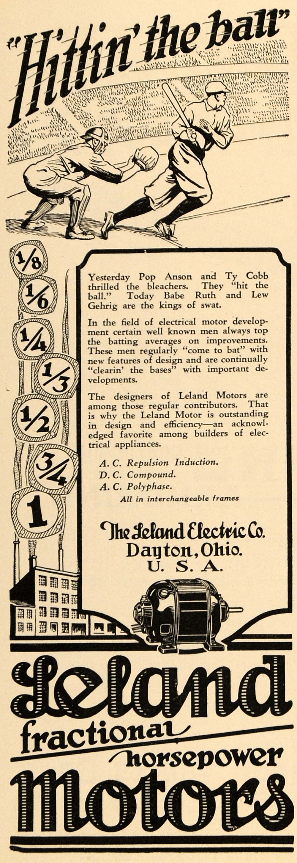 1928 Ad Leland Electric Co. Horsepower Motors Baseball - ORIGINAL ELC1