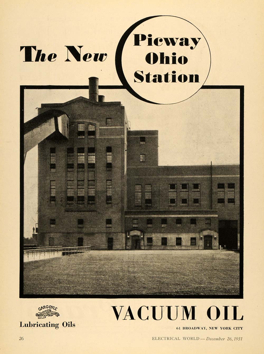 1931 Ad Vacuum Oil Co. Gargoyle Picway Ohio Station - ORIGINAL ADVERTISING ELC1