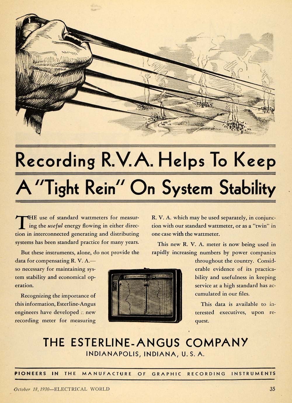 1930 Ad Esterline-Angus Company R V A Meter Recording - ORIGINAL ELC1