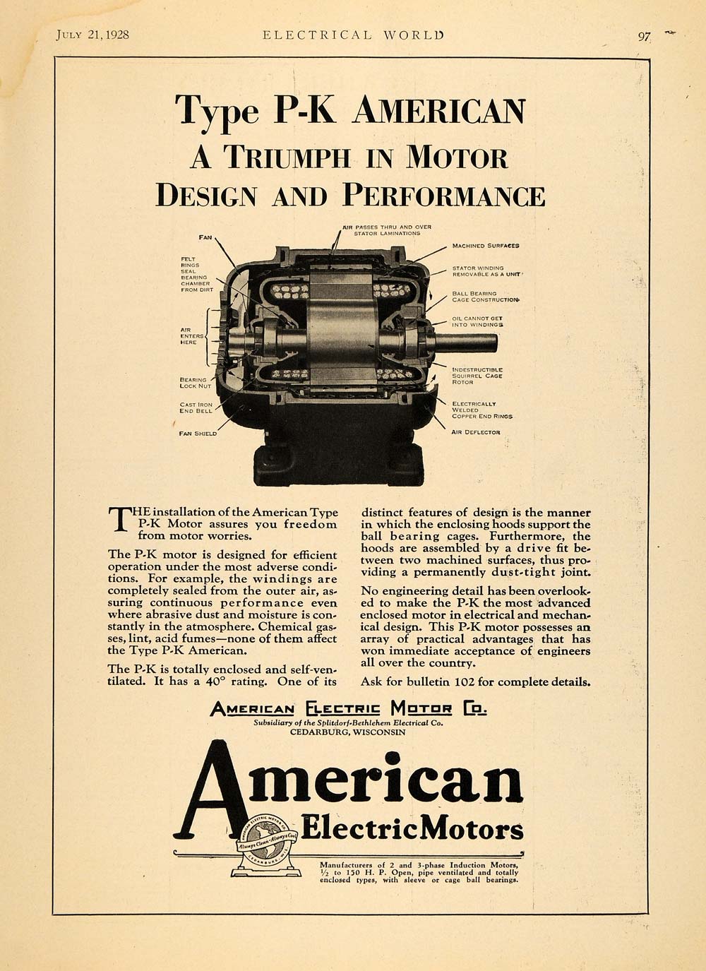 1928 Ad American Electric Motor Company P-K Induction - ORIGINAL ELC1