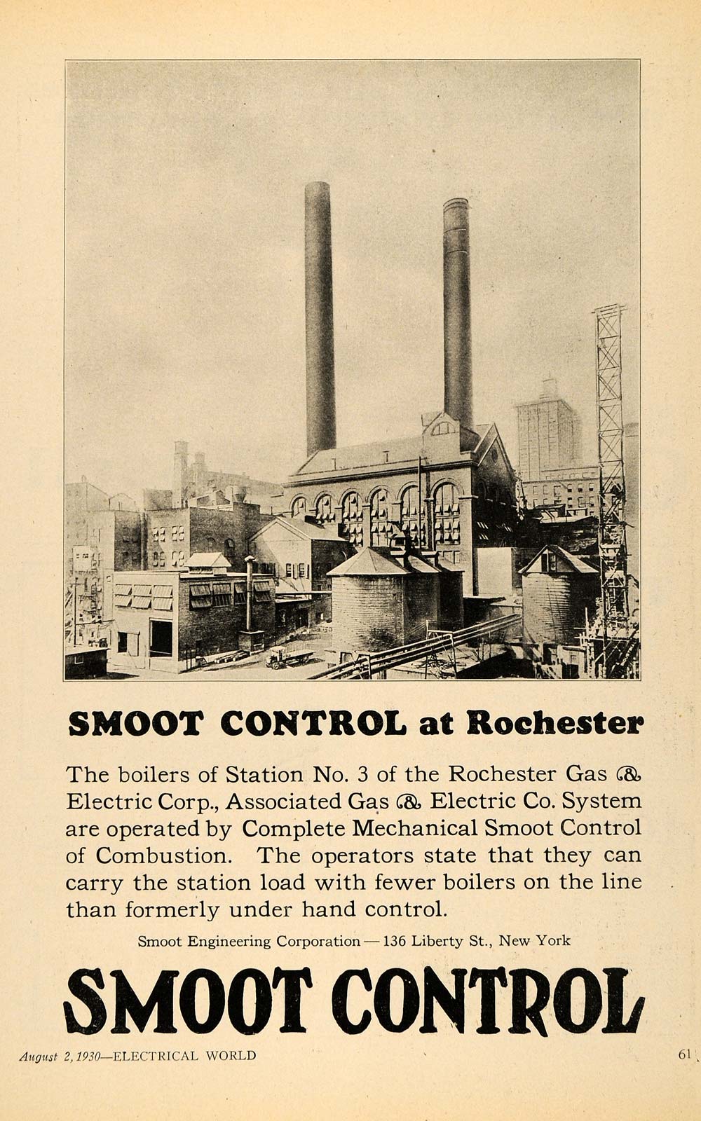 1930 Ad Smoot Engineering Corp Rochester Gas & Electric - ORIGINAL ELC1