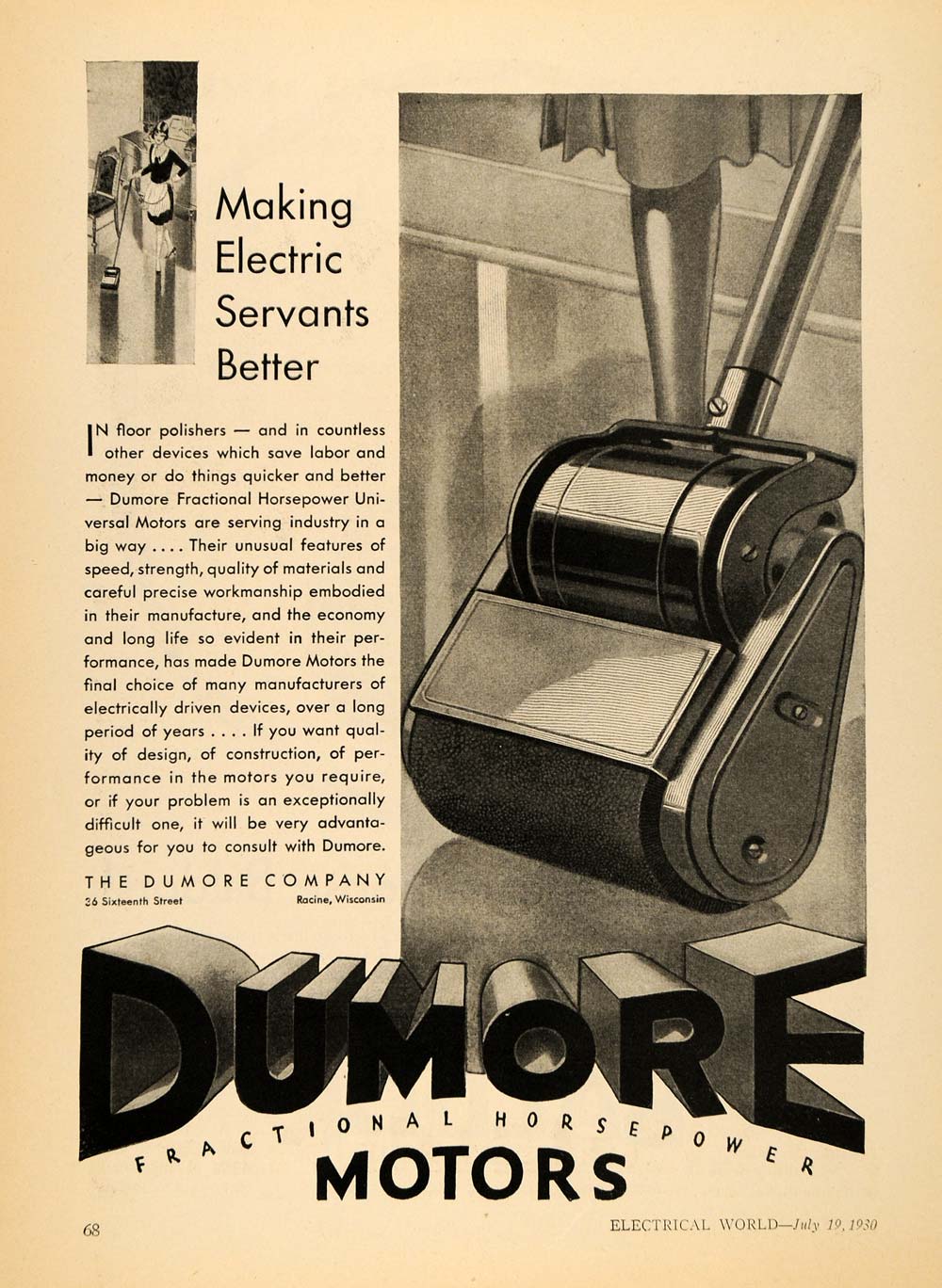 1930 Ad Dumore Co. Horsepower Motors Floor Polisher - ORIGINAL ADVERTISING ELC1