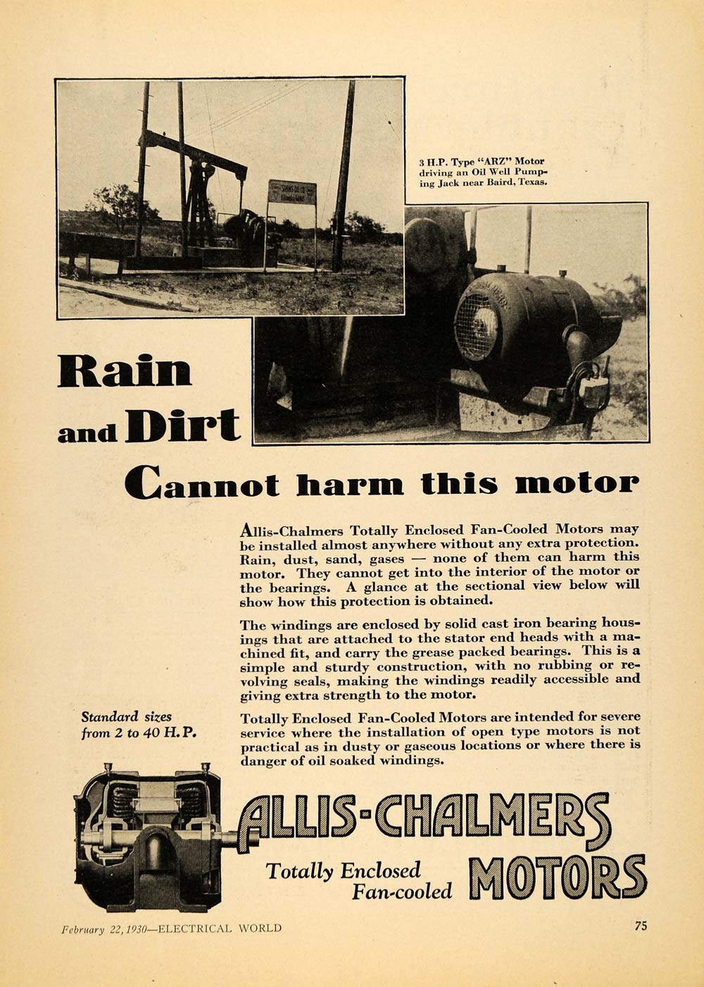 1930 Ad Allis-Chalmers Co. Fan-Cooled ARZ Pumping Motor - ORIGINAL ELC1