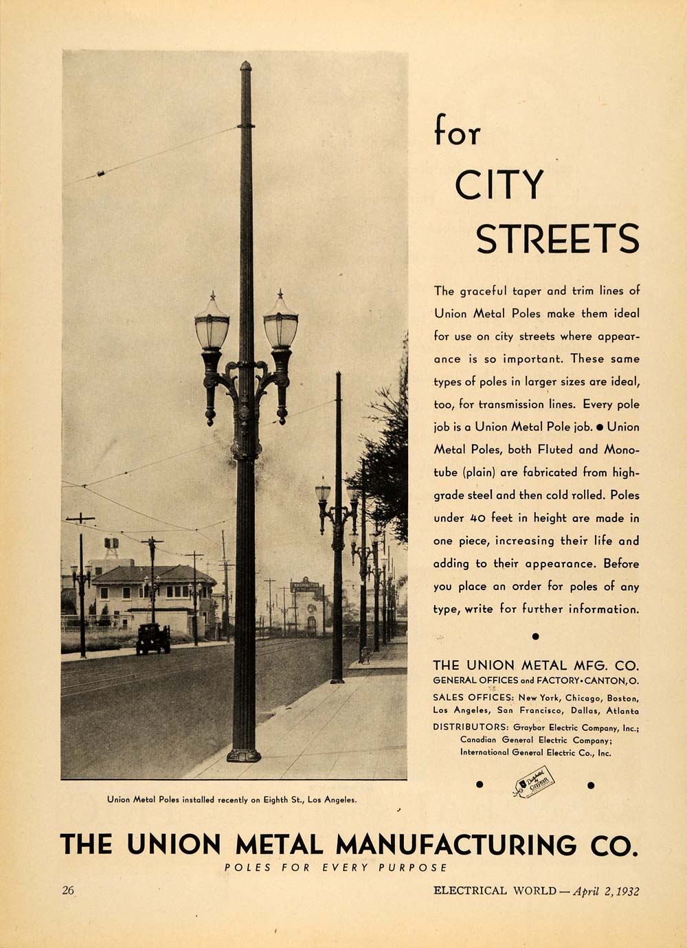 1932 Ad Union Metal Manufacturing City Poles 8th St. LA - ORIGINAL ELC1