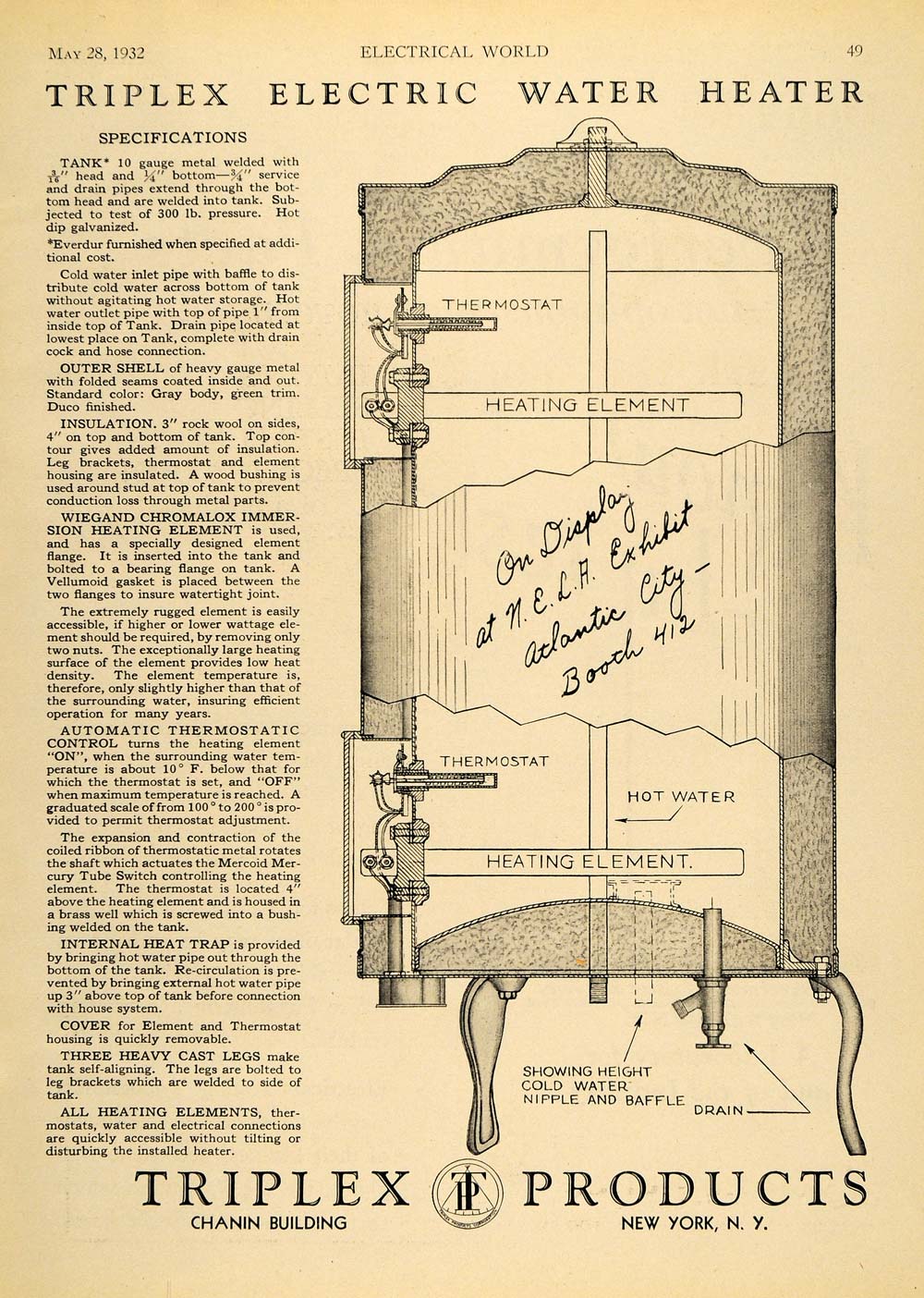 1932 Ad Triplex Products Electric Water Heater NY - ORIGINAL ADVERTISING ELC1