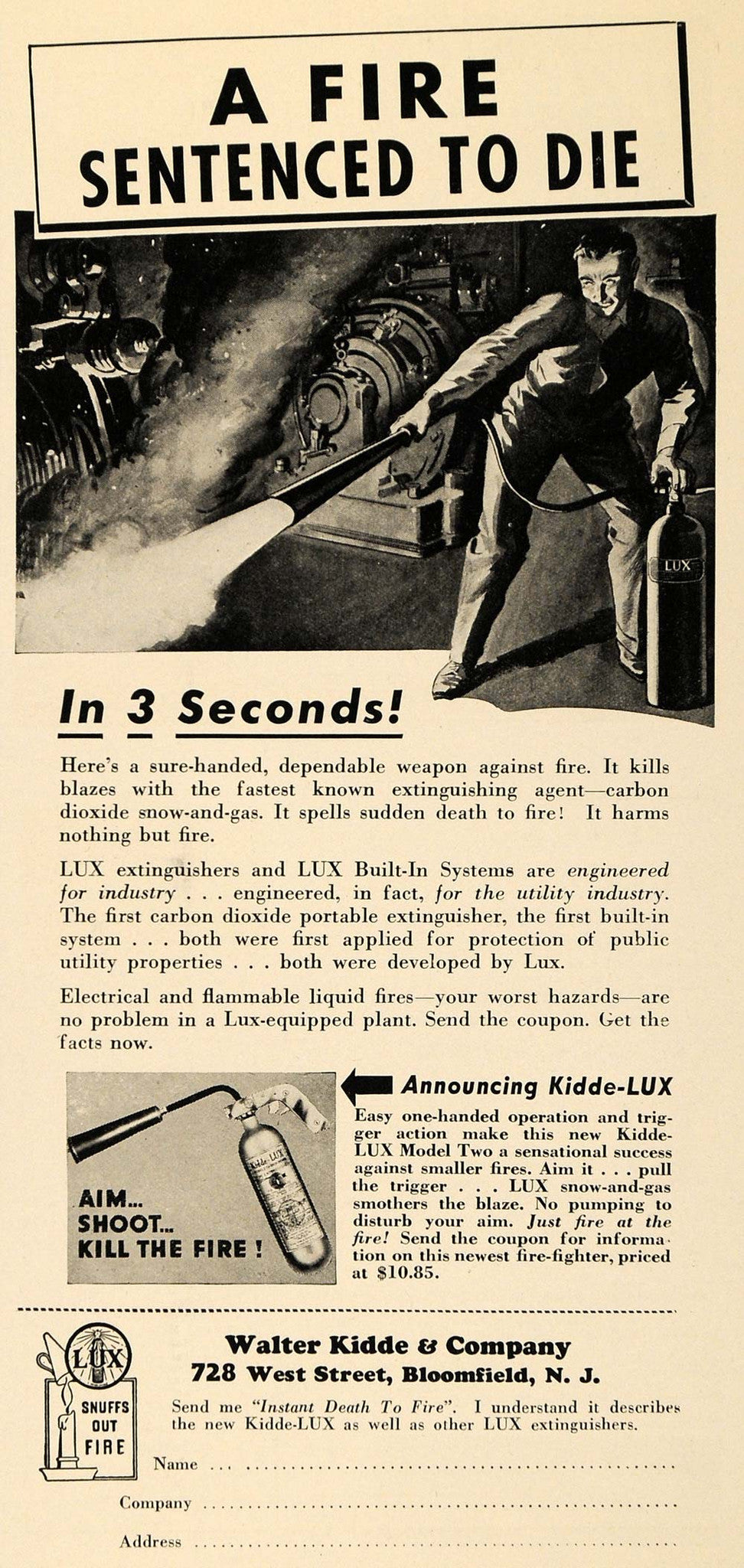 1939 Ad Walter Kidde & Co. LUX Fire Extinguishers NJ - ORIGINAL ADVERTISING ELC1 - Period Paper
