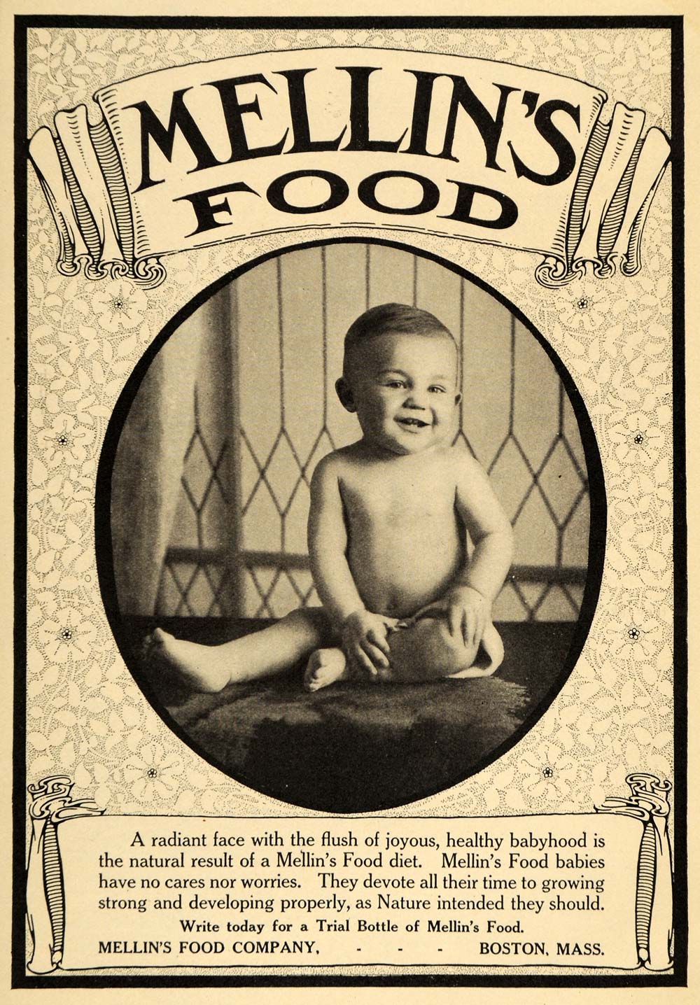 1913 Ad Mellins Food Company Baby Boy Infant Formula ORIGINAL ADVERTISING EM1