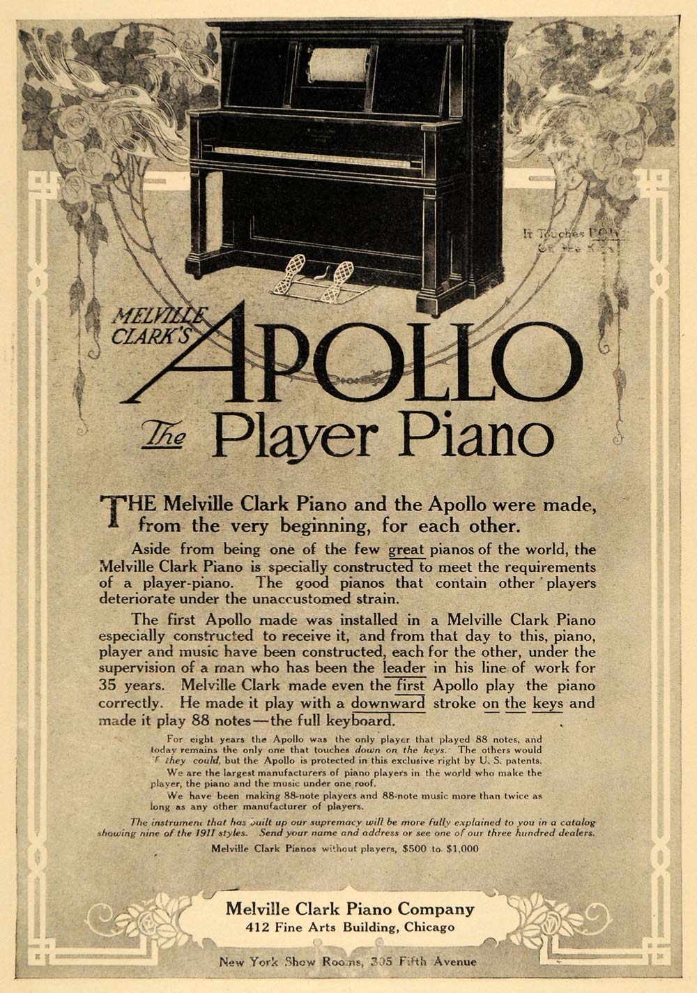 1911 Ad Melville Clark Apollo Player Piano Instrument - ORIGINAL ADVERTISING EM1