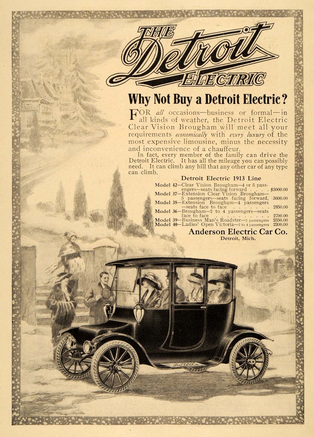 Ad 1913 Models Detroit Electric Clear Vision Automobile - ORIGINAL EM1