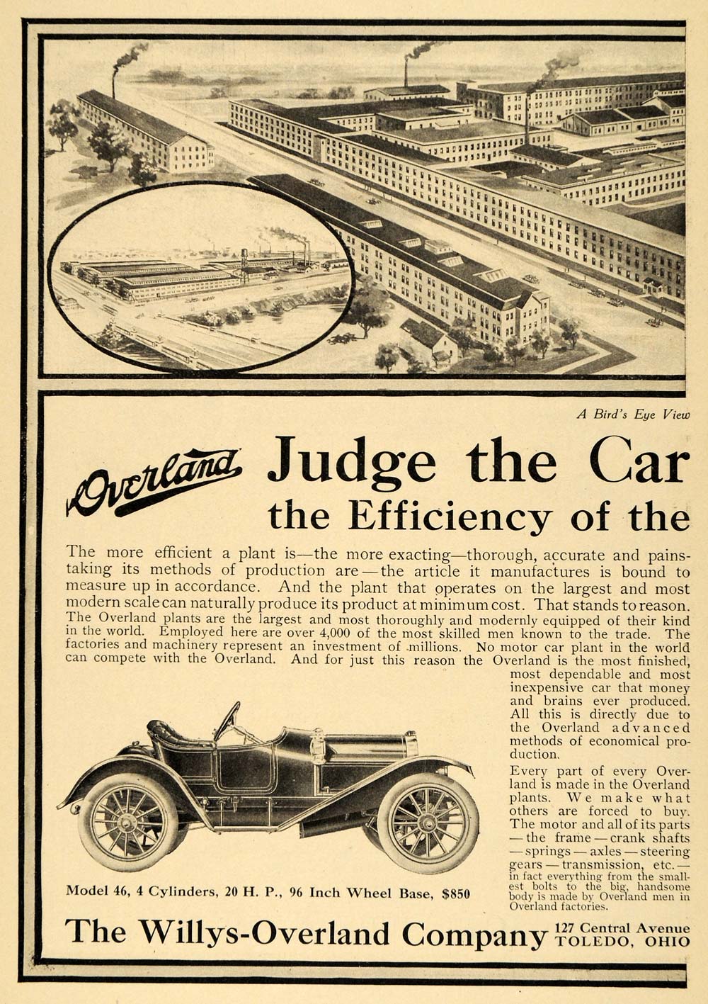 1911 Ad Model 46 4 Cylinder Automobile Willys Overland - ORIGINAL EM1