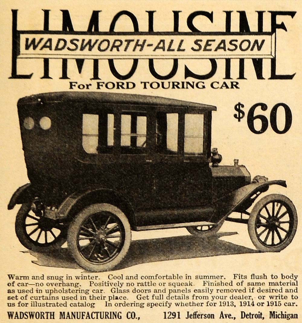 1915 Ad Limousine Wadsworth All Season Ford Touring Car - ORIGINAL EM1