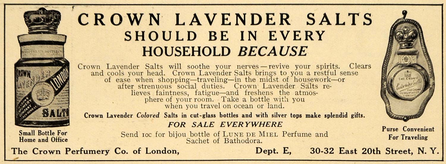 1911 Ad Crown Perfumery Company Lavender Salts Fatigue - ORIGINAL EM1