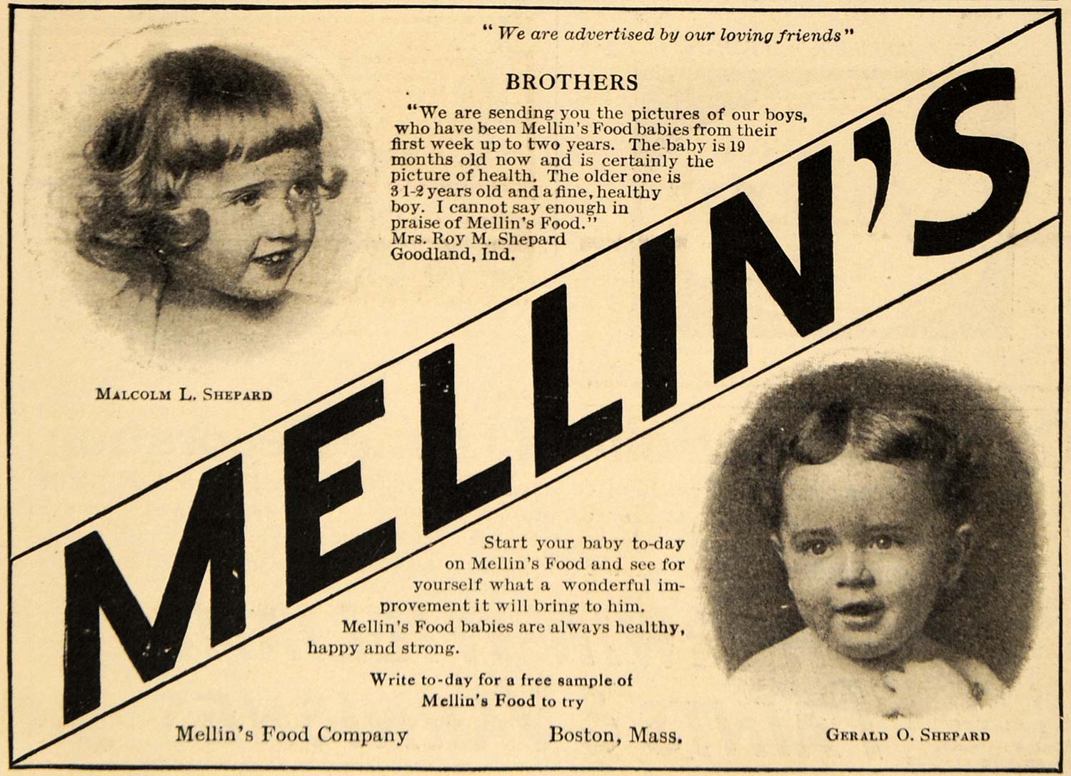 1911 Ad Malcom L Gerald O Shepard Mellins Baby Food - ORIGINAL ADVERTISING EM1