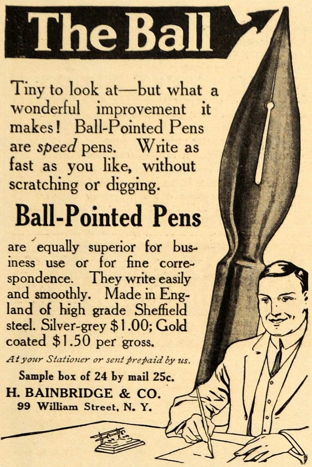 1911 Ad Ball Pointed Speed Pens H Bainbridge Company - ORIGINAL ADVERTISING EM1