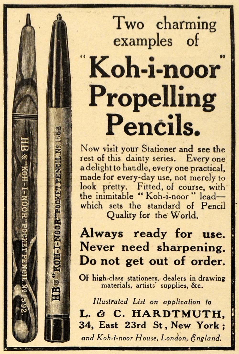 1911 Ad Koh-i-noor Propelling Lead Pencil L C Hardtmuth - ORIGINAL EM1