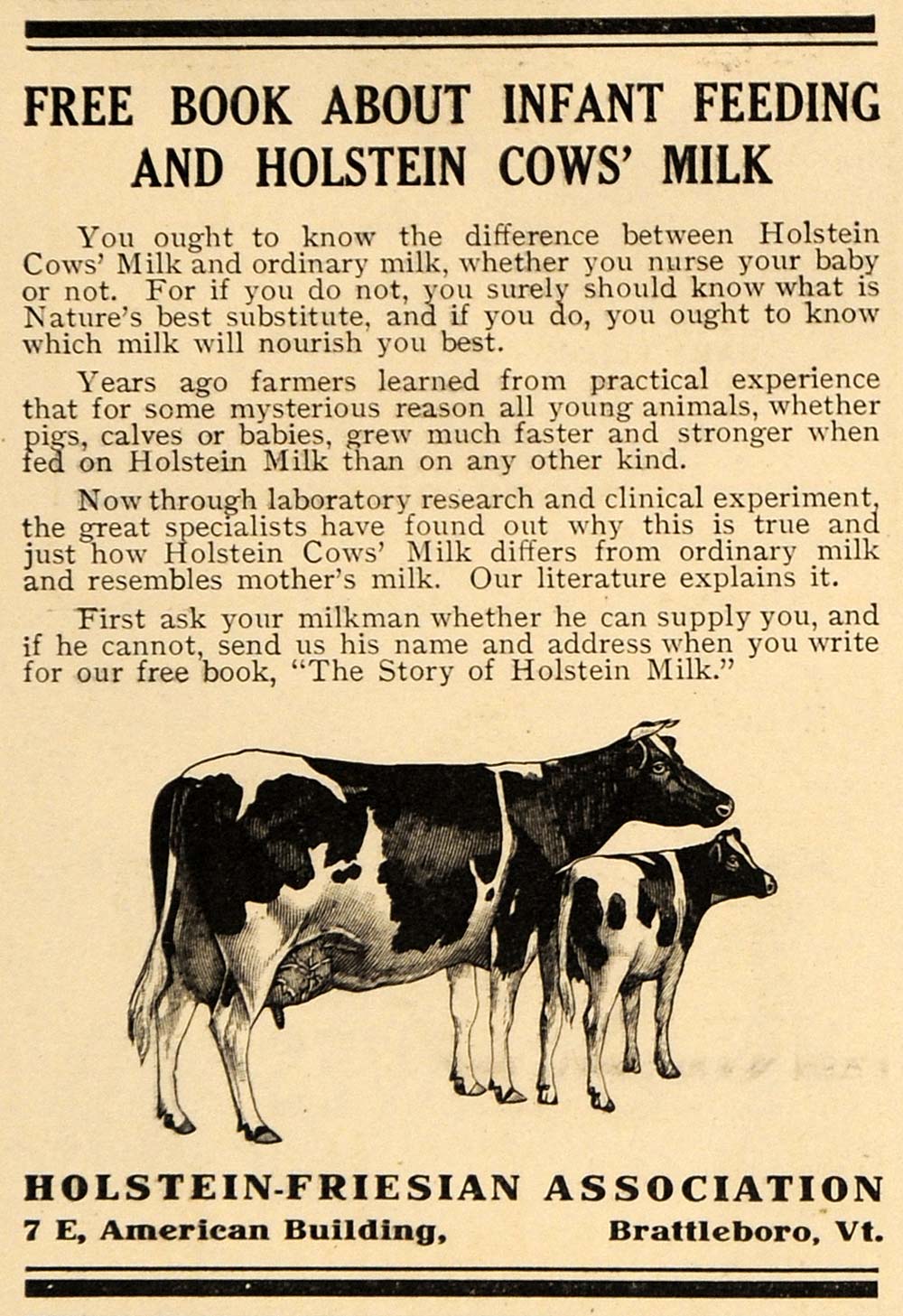 1911 Ad Infant Milk Holstein Friesian Association Cows - ORIGINAL EM1