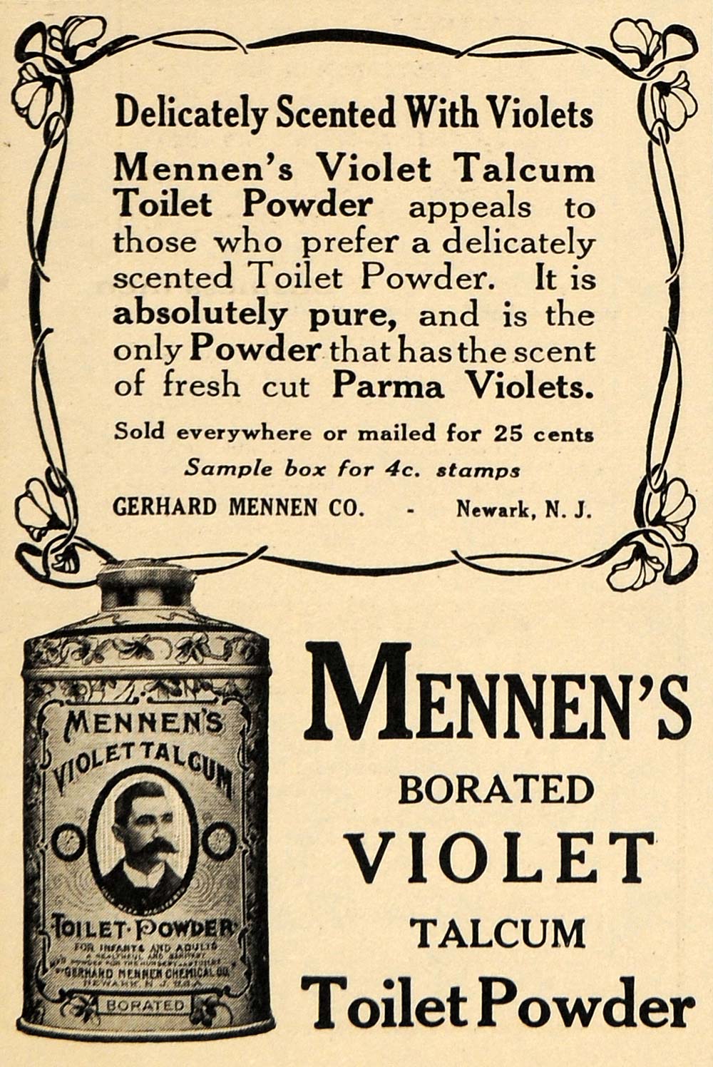 1912 Ad Mennens Borated Violet Talcum Toilet Powder - ORIGINAL ADVERTISING EM1