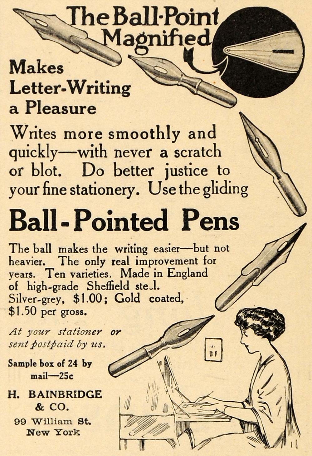 1912 Ad Ball Pointed Pens H Bainbridge Company Writing - ORIGINAL EM1