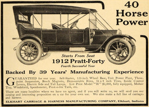 1912 Ad Pratt Forty Automobile Elkhart Carriage Harness - ORIGINAL EM1