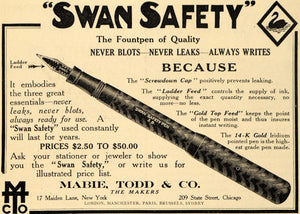 1911 Ad Mabie Todd Swan Safety 14-K Gold Fountain Pen - ORIGINAL ADVERTISING EM1