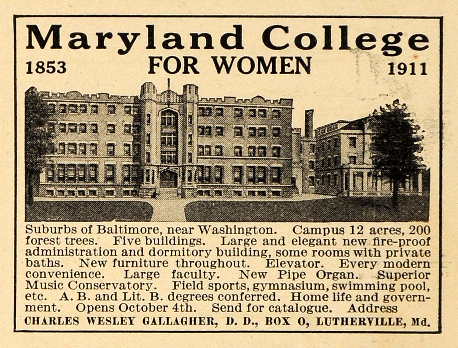1911 Ad Maryland College for Women Lutherville Campus - ORIGINAL ADVERTISING EM1