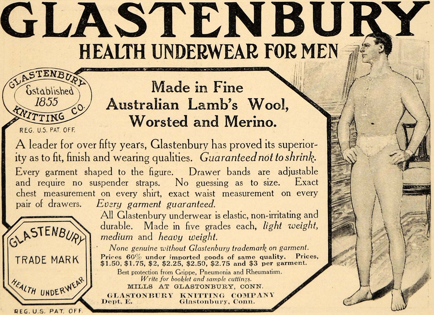 1911 Ad Glastonbury Knitting Glastenbury Men Underwear - ORIGINAL EM1