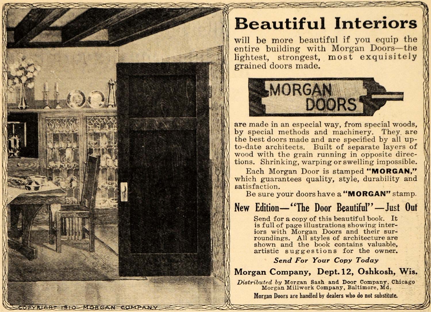 1911 Ad Morgan Co. Doors Interior Design Living Room WI - ORIGINAL EM1