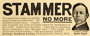1913 Ad George Andrew Lewis Speech Expert Stammering - ORIGINAL ADVERTISING EM1