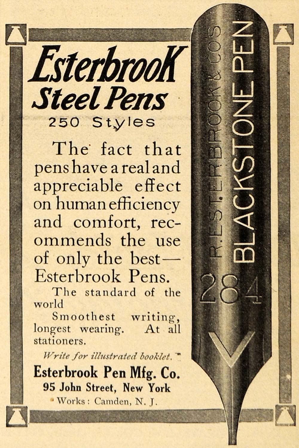 1913 Ad Esterbrook Steel Pens Manufacturing 284 Ink - ORIGINAL ADVERTISING EM1