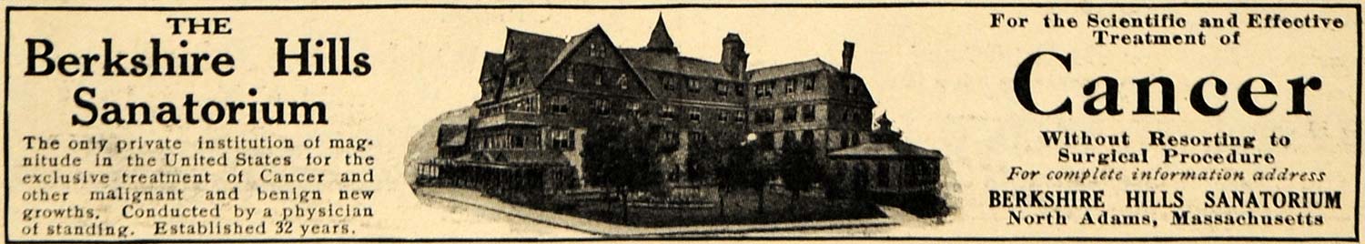 1911 Ad Berkshire Hills Sanatorium Cancer Treatment - ORIGINAL ADVERTISING EM1