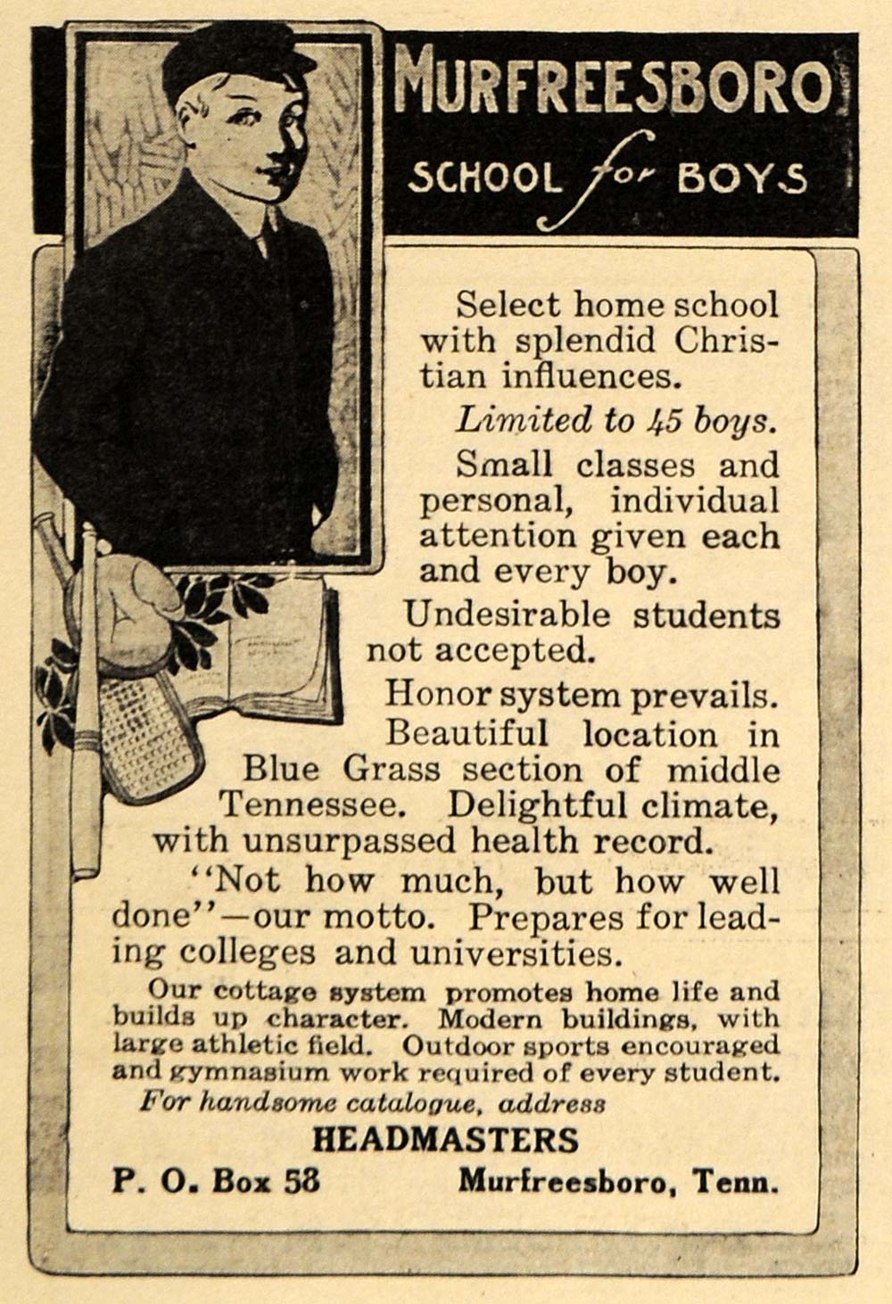 1911 Ad Murfreesboro School Boys Institute Tennessee - ORIGINAL ADVERTISING EM1