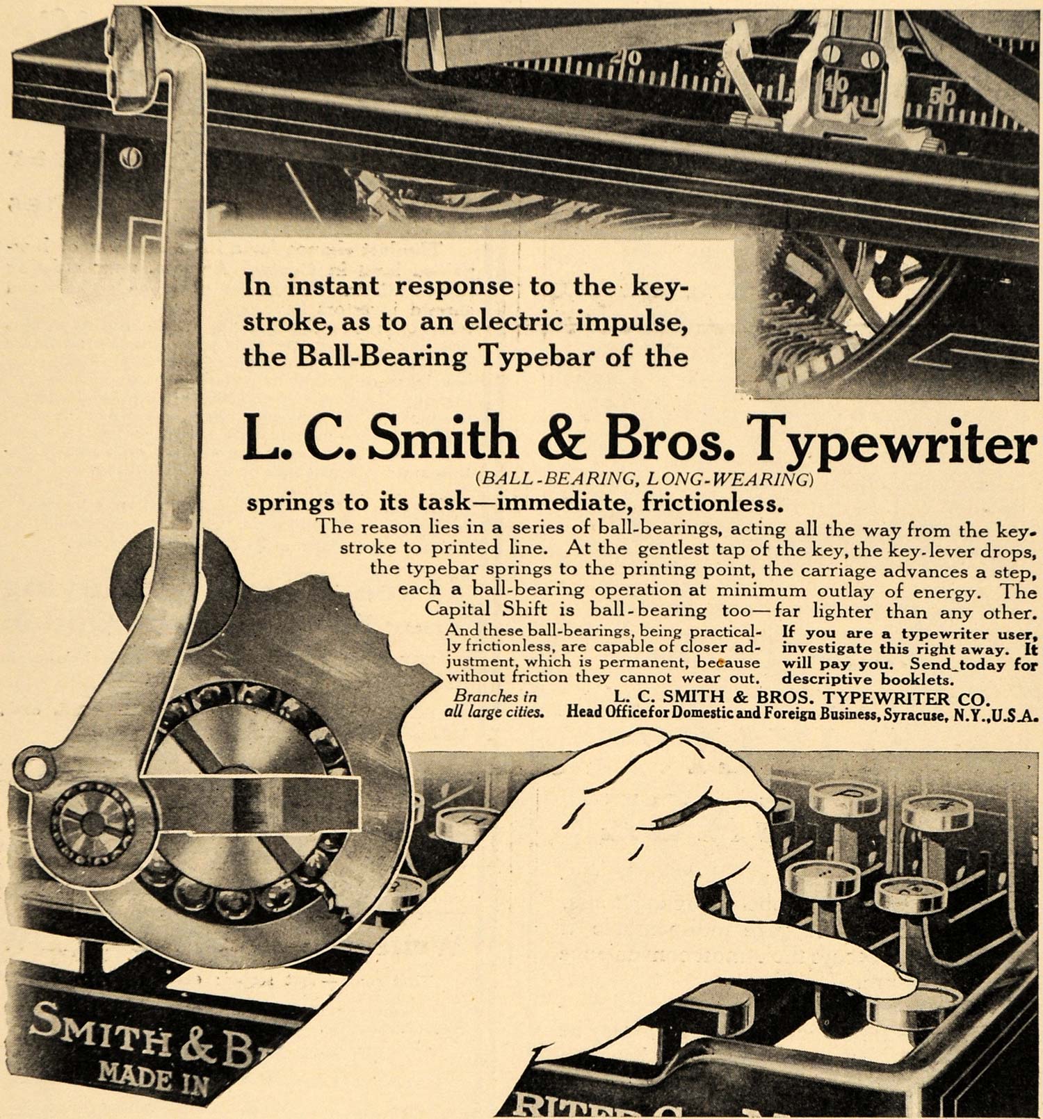 1911 Ad Typewriter Ball Bearing Smith Typing Ink Energy - ORIGINAL EM1