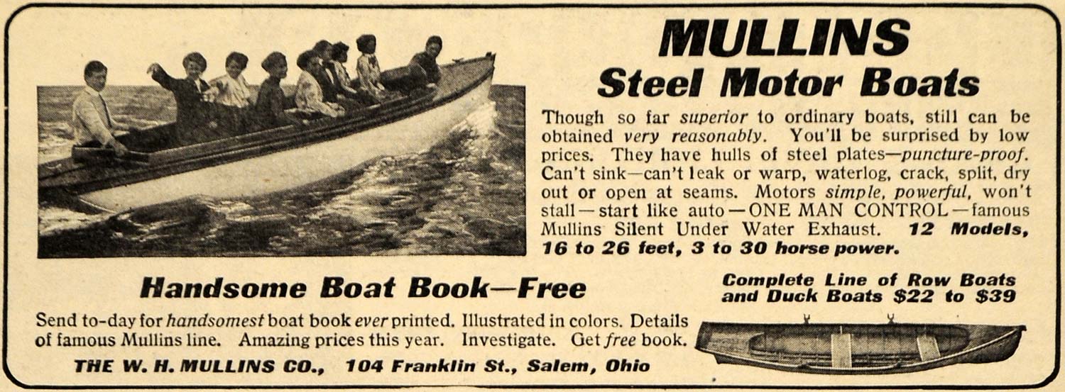 1911 Ad Steel Motor Boats Mullins Salem Exhaust Water - ORIGINAL ADVERTISING EM1