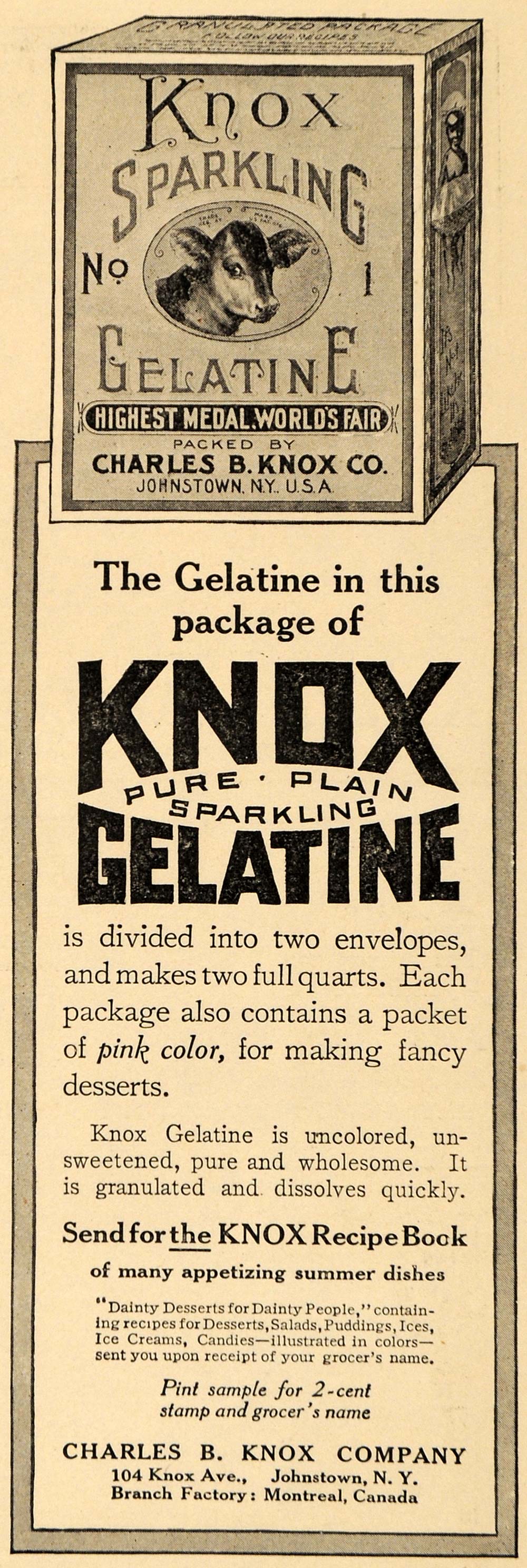 1911 Ad Knox Sparkling Gelatin World's Fair Pure Plain - ORIGINAL EM1