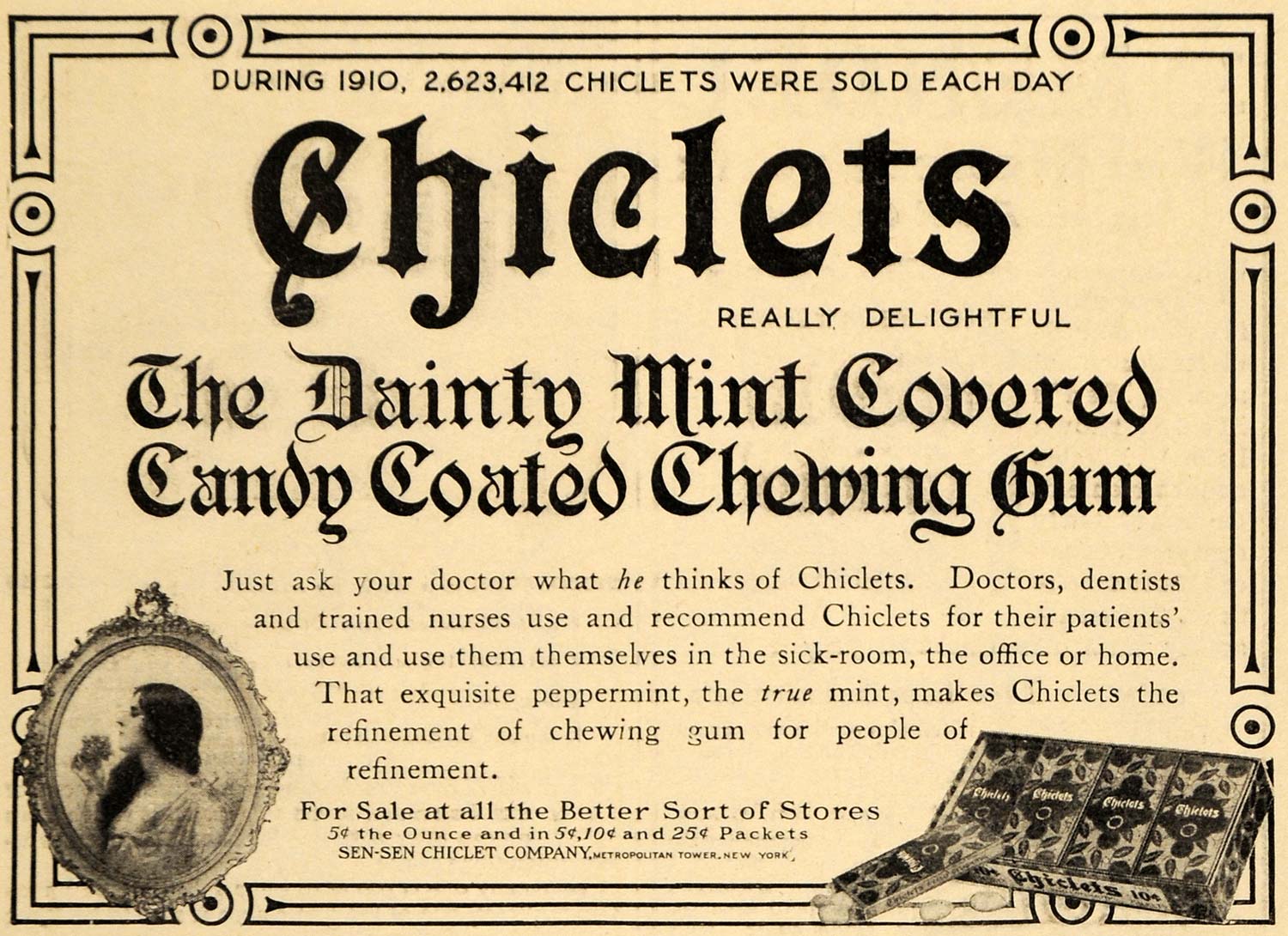 1911 Ad Chiclets Mint Candy Coated Chewing Gum Sen-Sen - ORIGINAL EM1