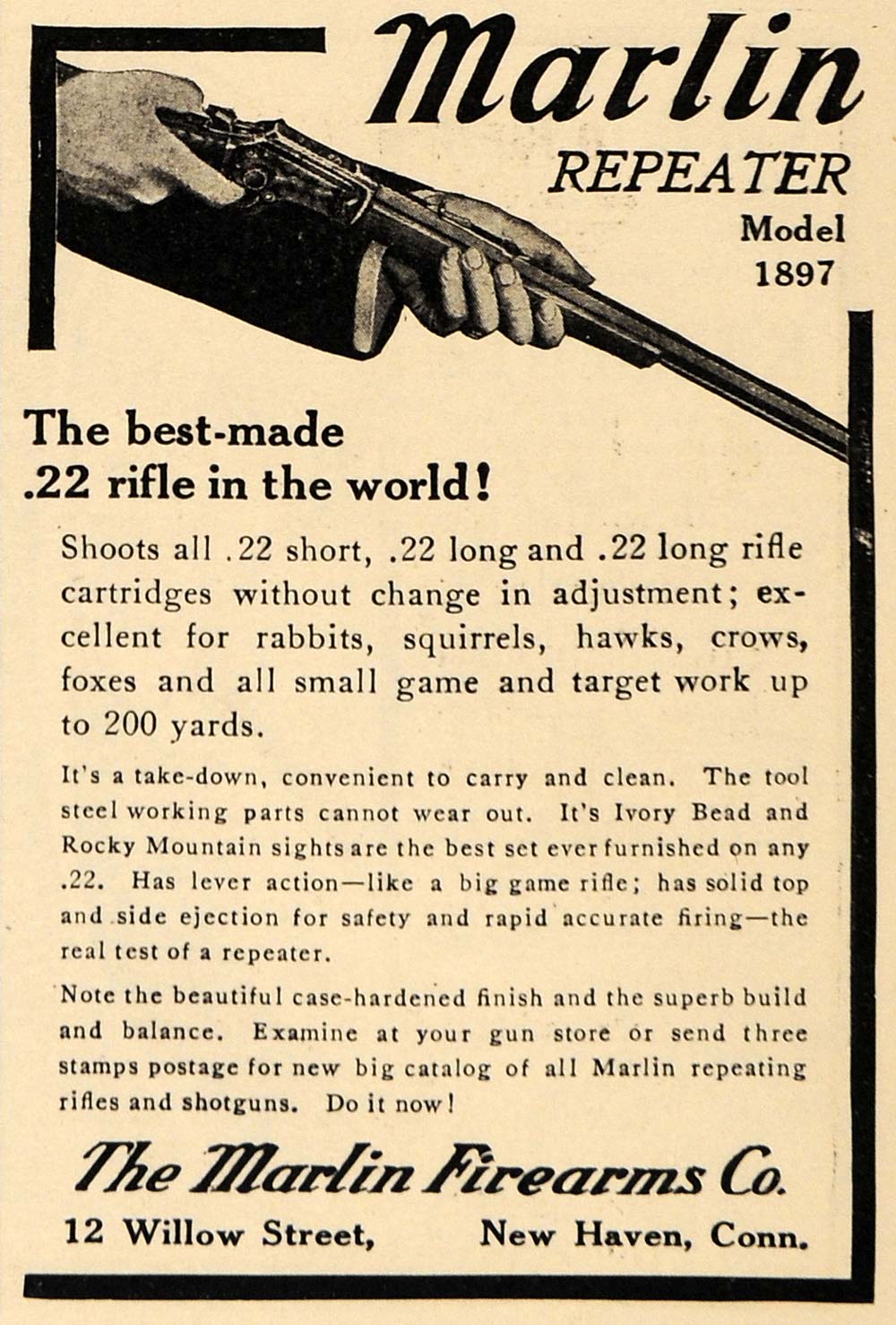 1911 Ad Marling Repeater .22 Rifle Firearm Gun Hunting - ORIGINAL EM1